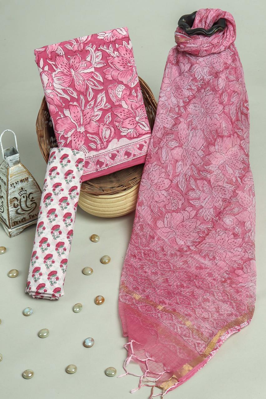 Pure Cotton Hand Block Printed Suit Set With Kota Doria Dupatta