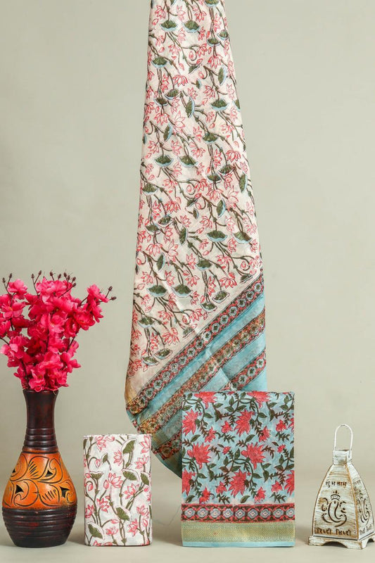 Designer Handblock Printed Maheshwari Silk Suit Set