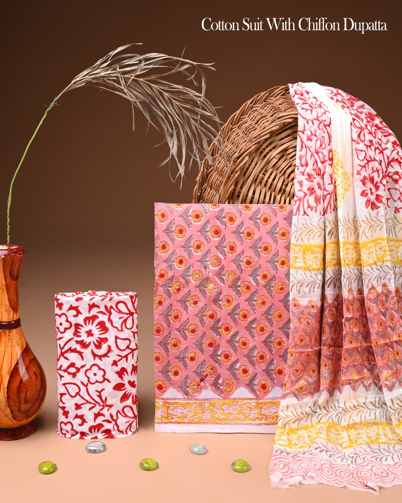 Pure Cotton Hand Block Printed Suit Set With Chiffon Dupatta