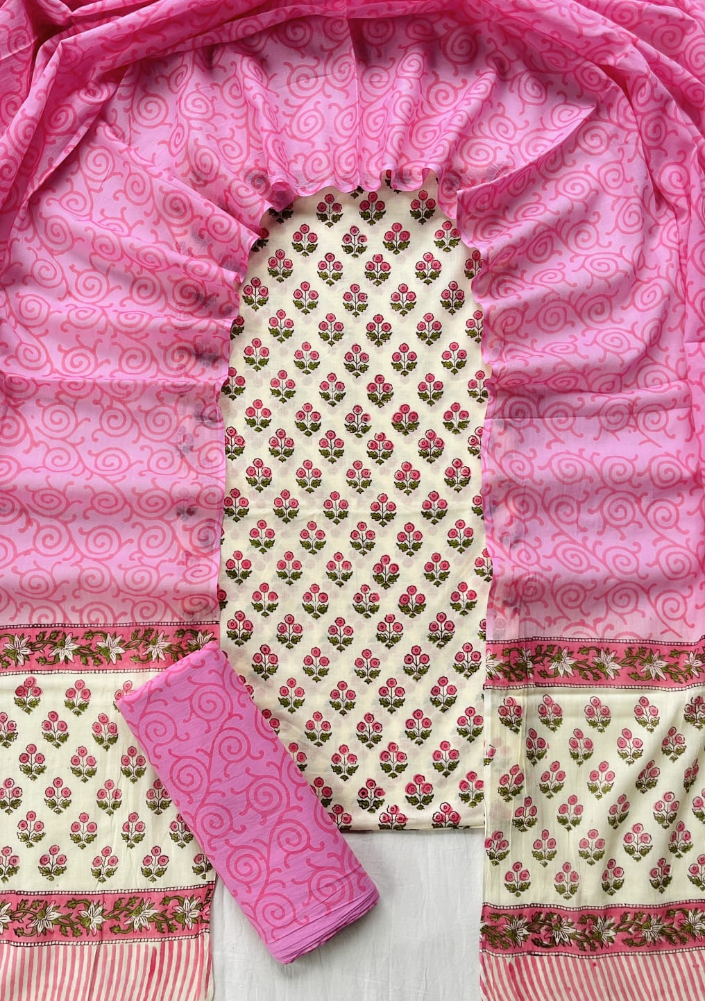 Pure Soft Cotton Hand Block Printed Suit Set With Cotton Dupatta
