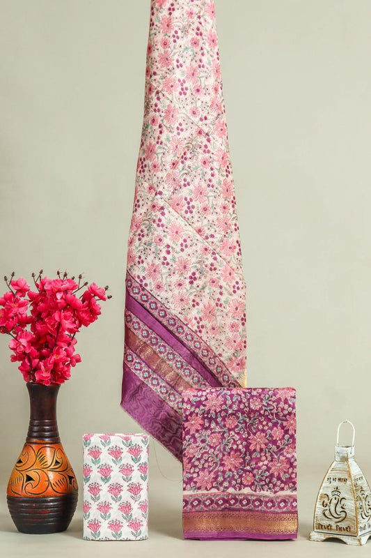 Designer Handblock Printed Maheshwari Silk Suit Set
