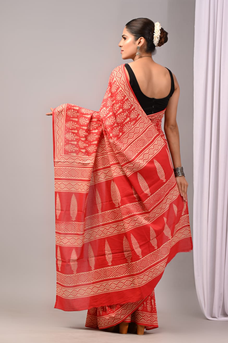 Pure Soft Cotton Handblock Printed Saree With Blouse