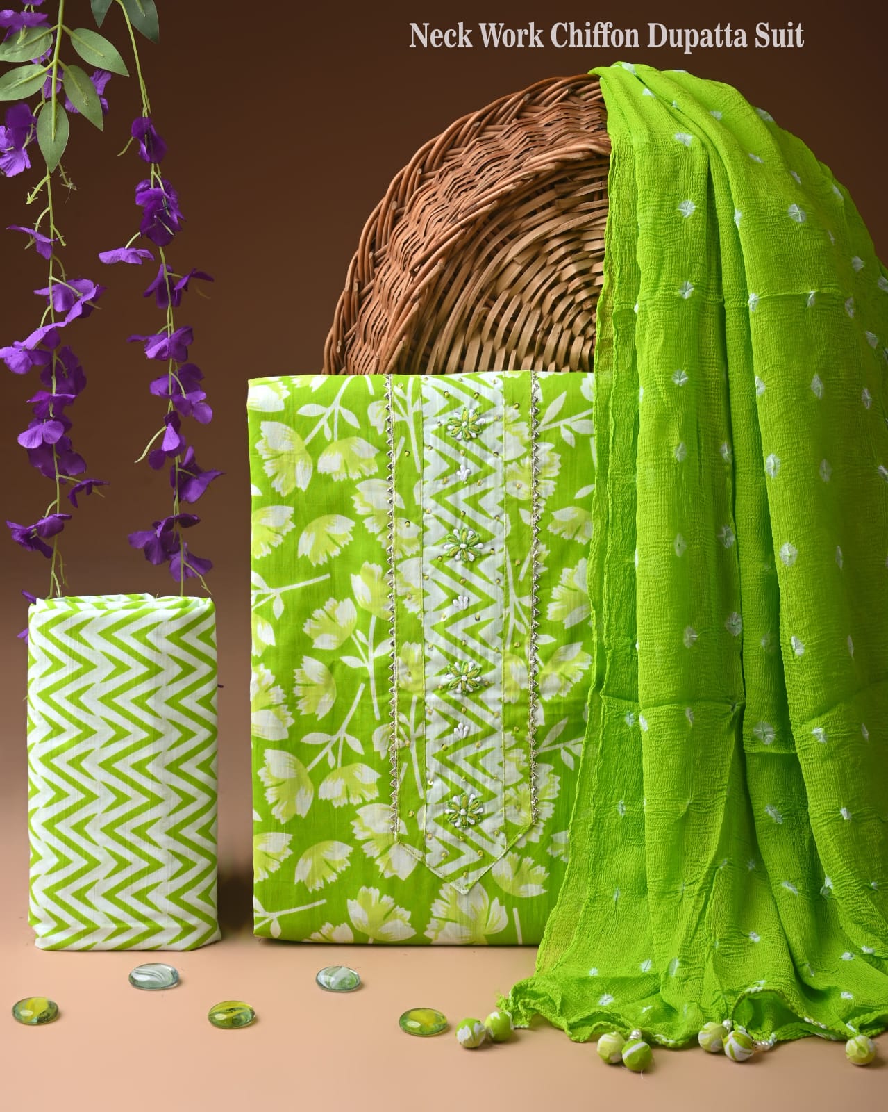 Premium Gota Patti Work Cotton Suit Set With Chiffon Dupatta