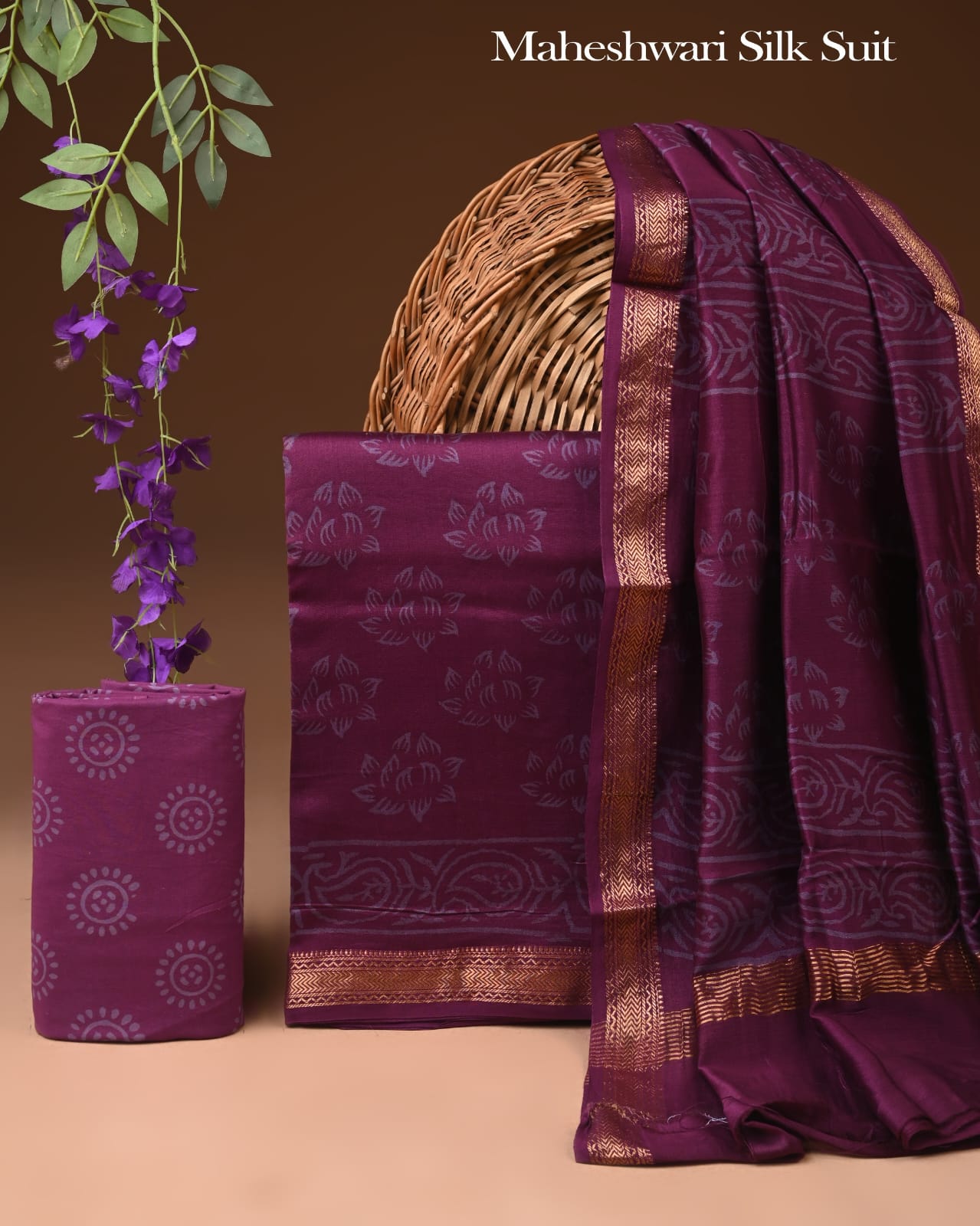 Premium Designer Handblock Printed Maheshwari Silk Suit Set