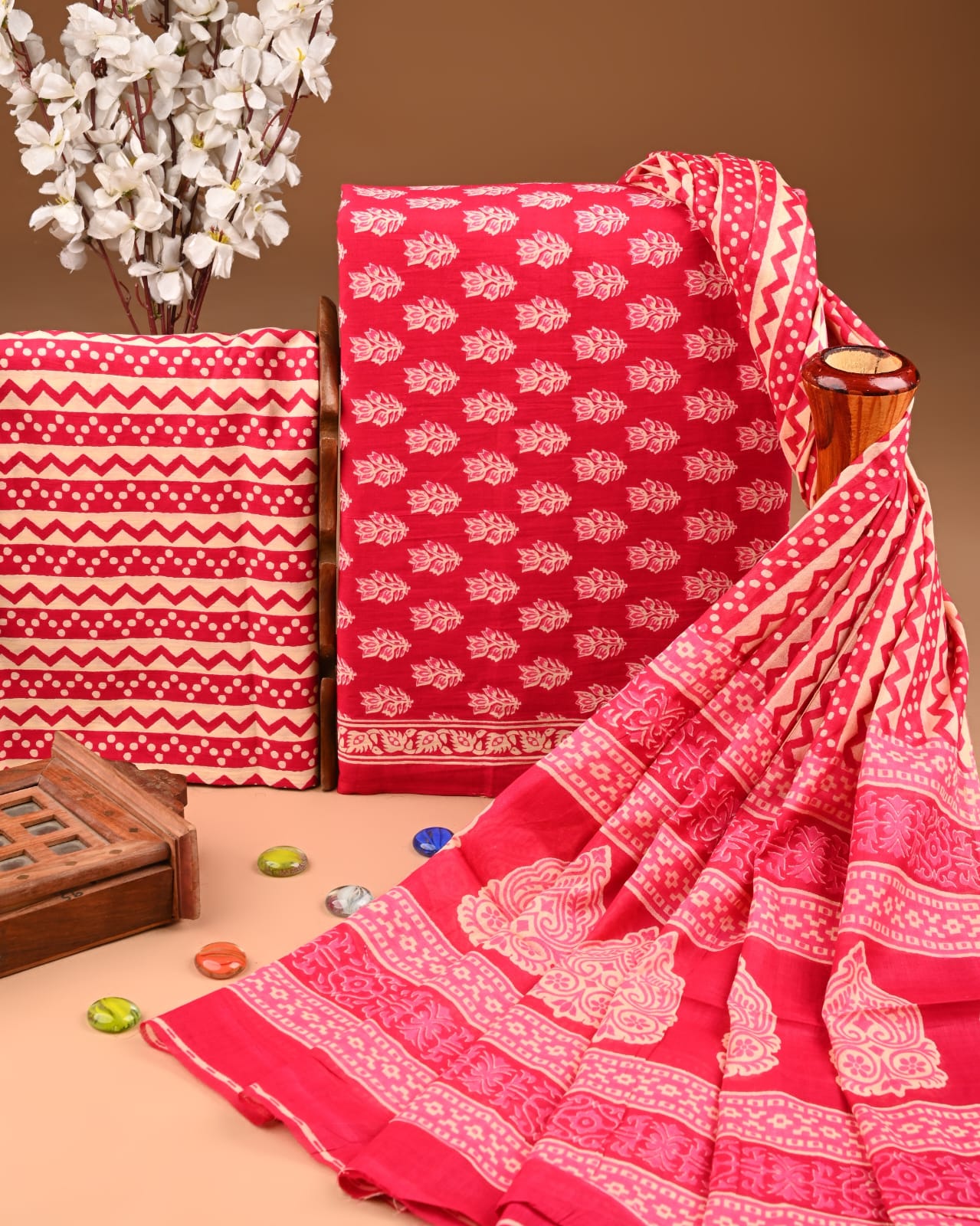 Designer Hand Block Printed Cotton Suit Set With Cotton Dupatta