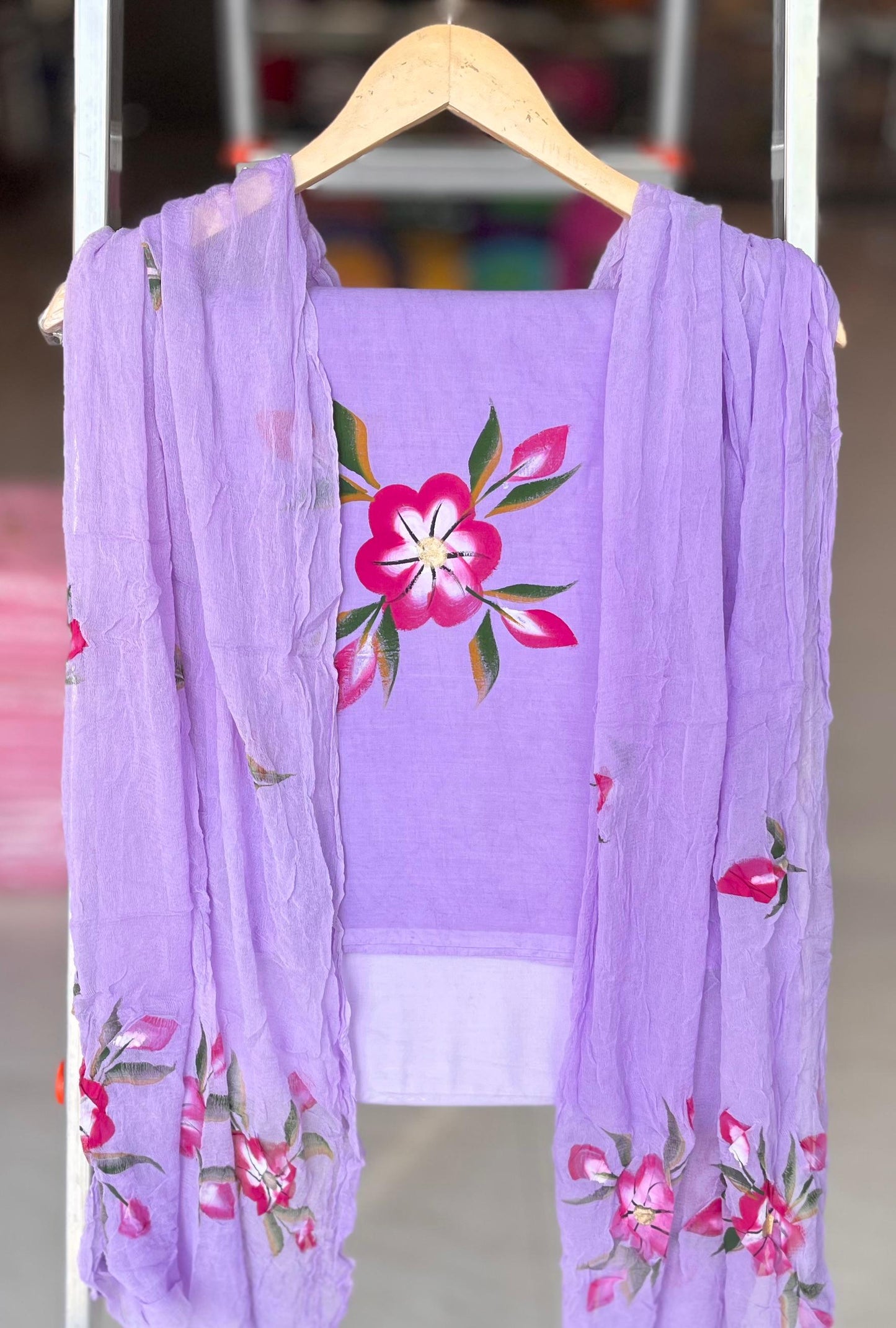 Pure Soft Cotton Hand Block Printed Suit Set With Chiffon Dupatta