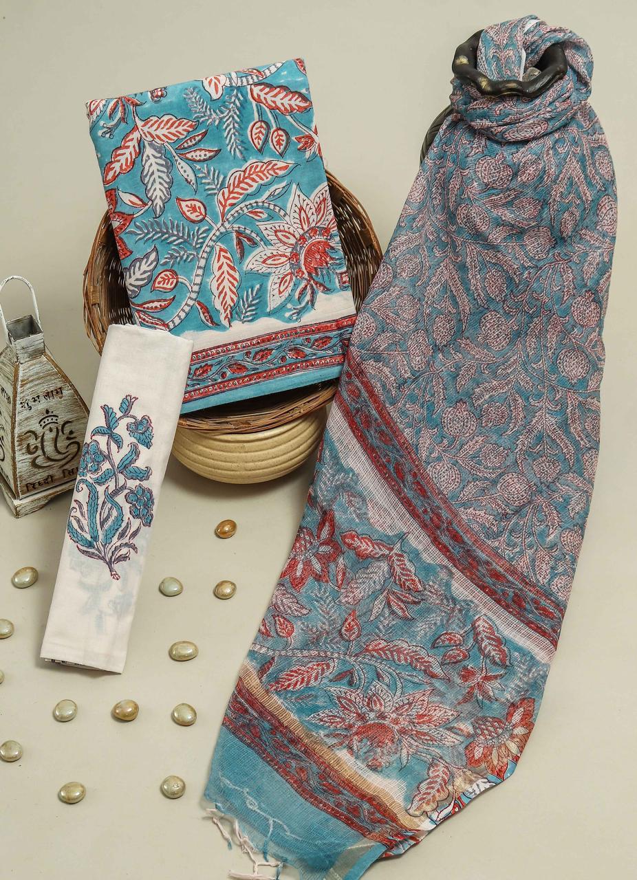 Pure Cotton Hand Block Printed Suit Set With Kota Doria Dupatta