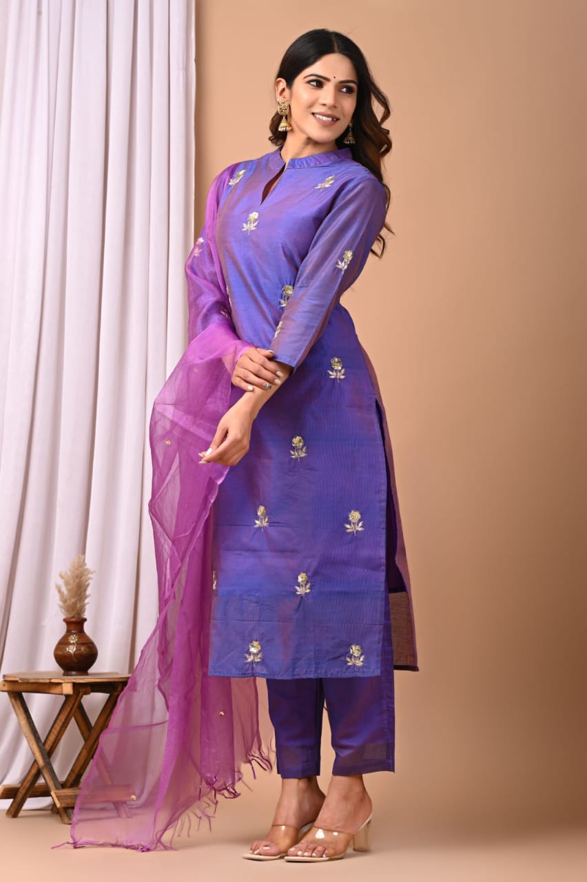 Elegant Coral Chanderi Silk Hand-Embroidered Suit Set with Dupatta