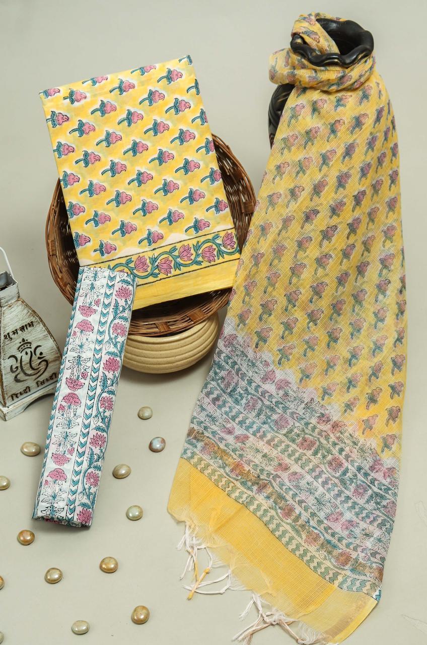 Pure Cotton Hand Block Printed Suit Set With Kota Doria Dupatta