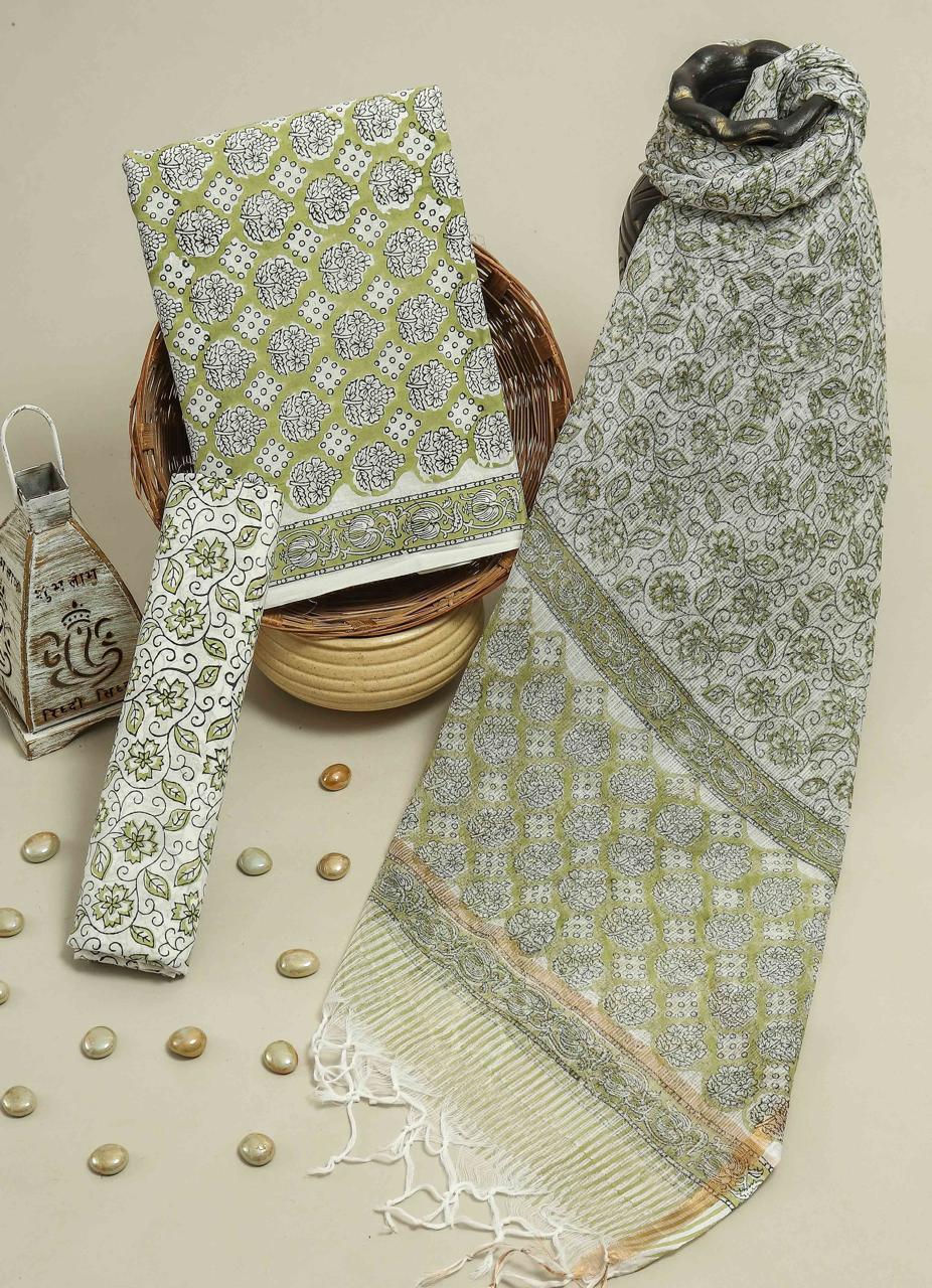 Pure Cotton Hand Block Printed Suit Set With Kota Doria Dupatta