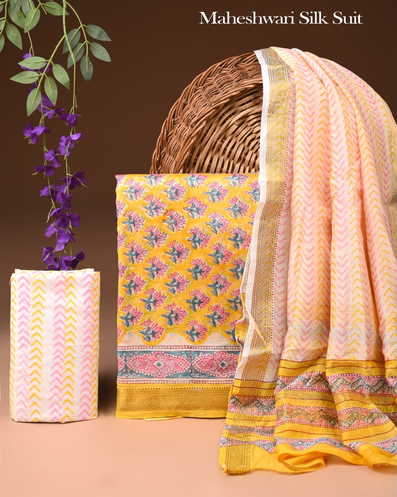 Premium Designer Handblock Printed Maheshwari Silk Suit Set