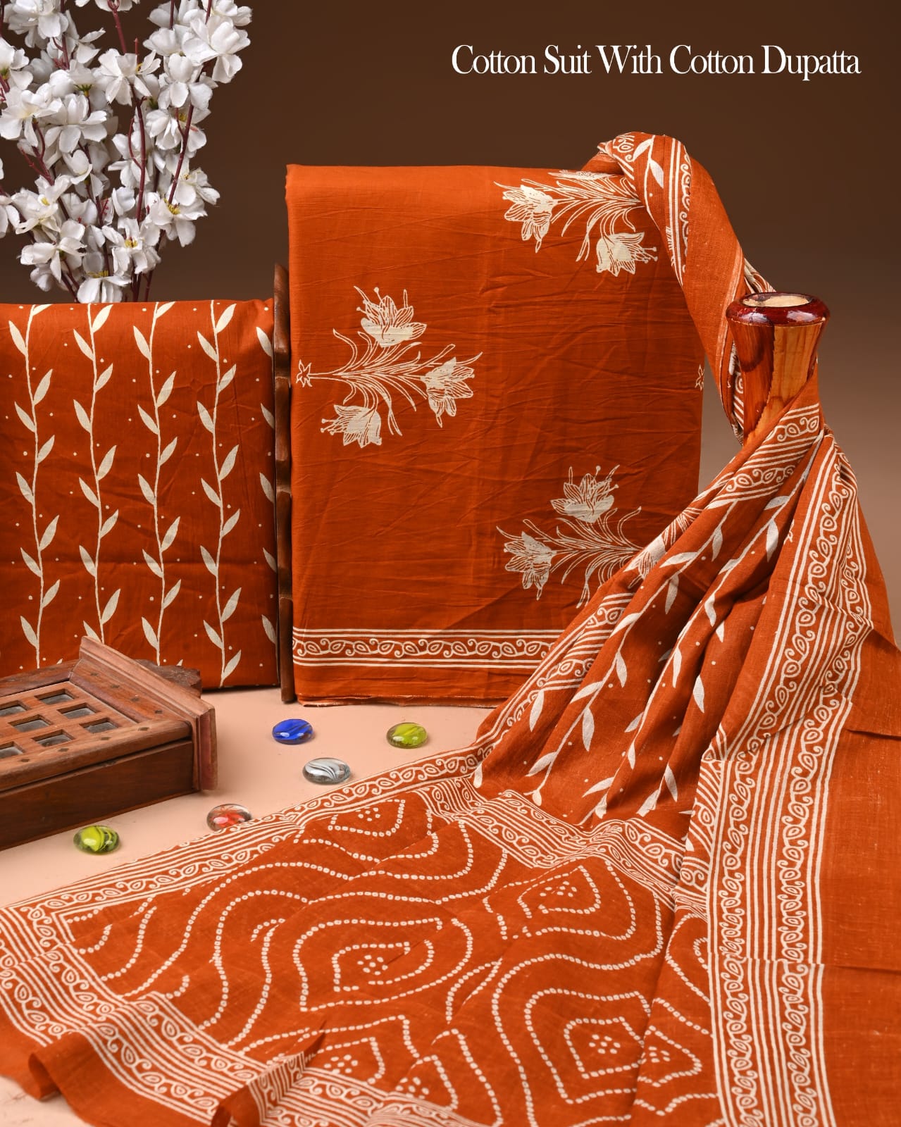 Designer Hand Block Printed Cotton Suit Set With Cotton Dupatta