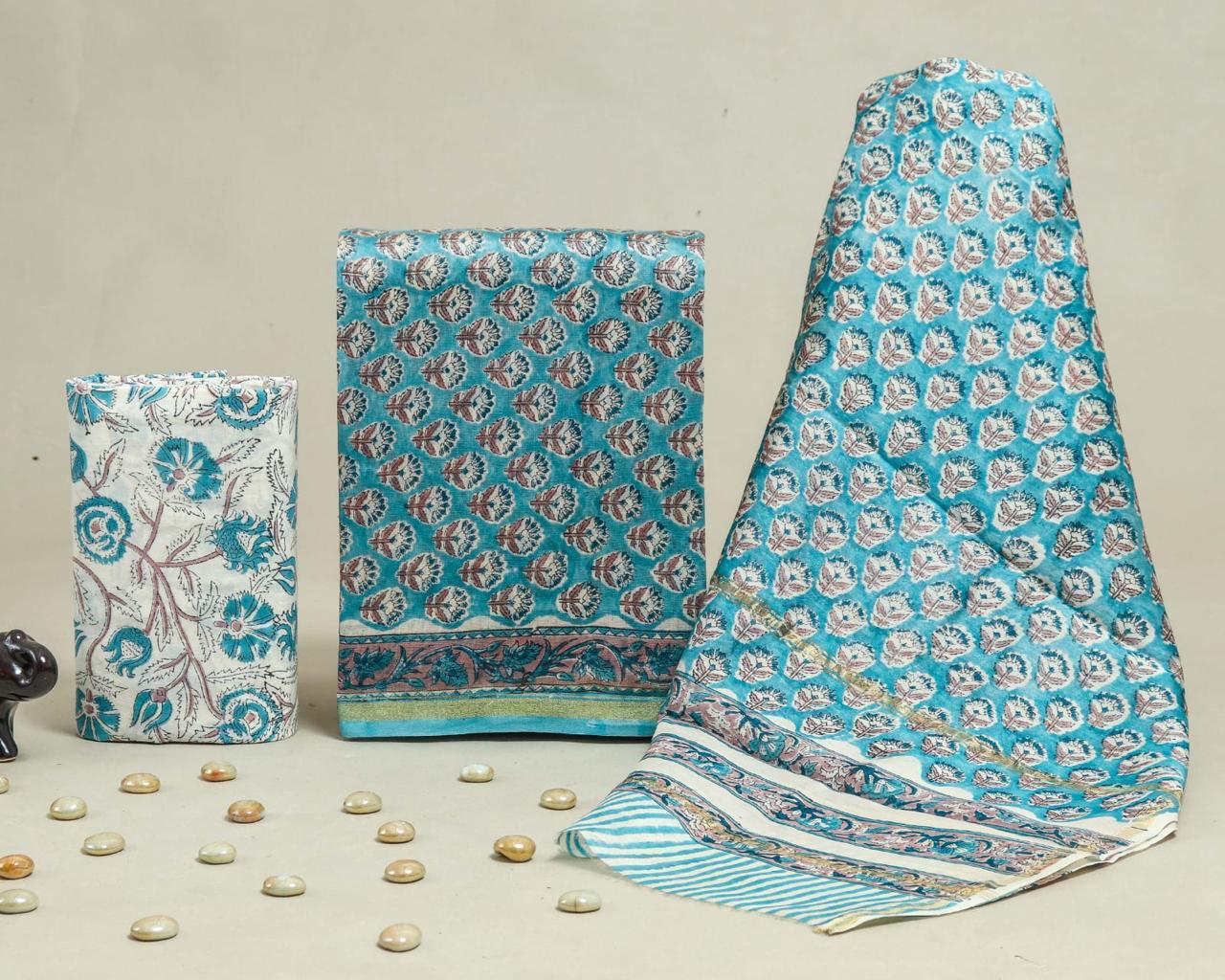 Designer Handblock Printed Chanderi Silk Suit Set