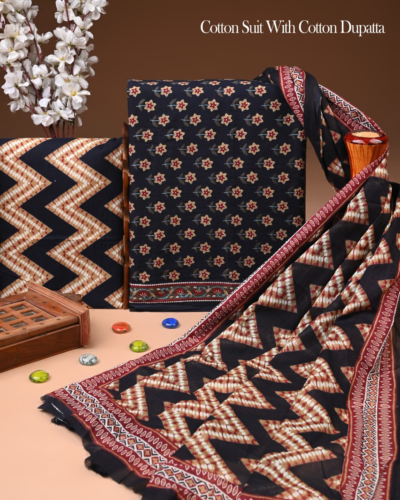 Designer Hand Block Printed Cotton Suit Set With Cotton Dupatta