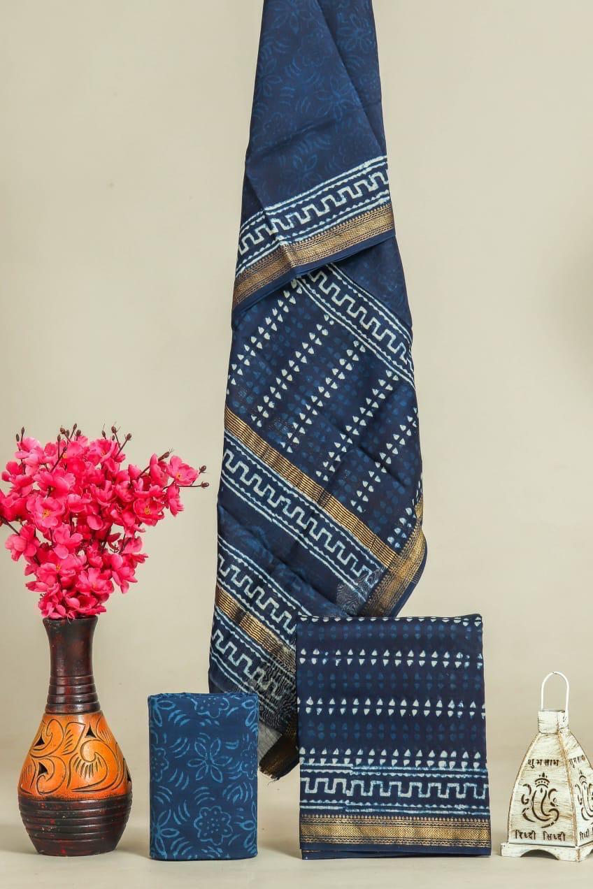Designer Handblock Printed Maheshwari Silk Suit Set