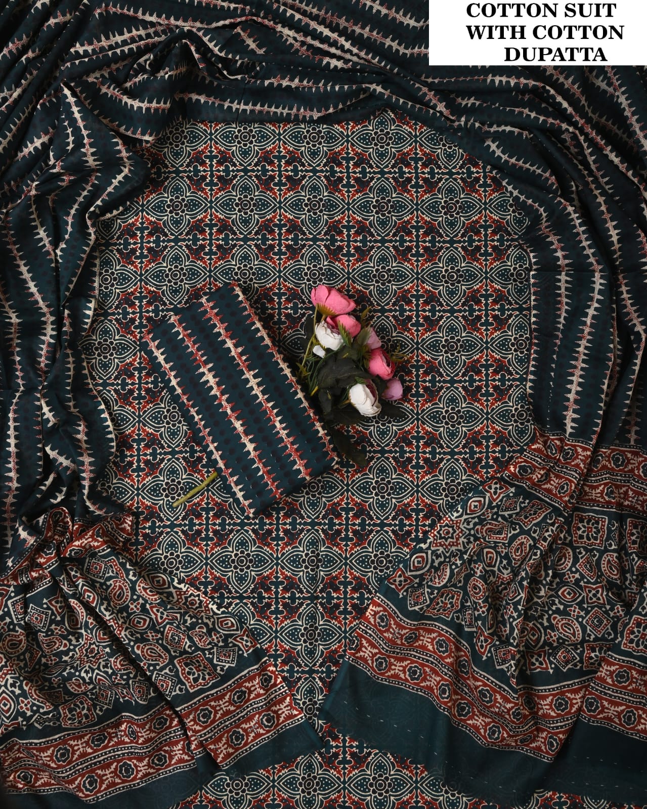 Designer Hand Block Printed Cotton Suit Set With Cotton Dupatta