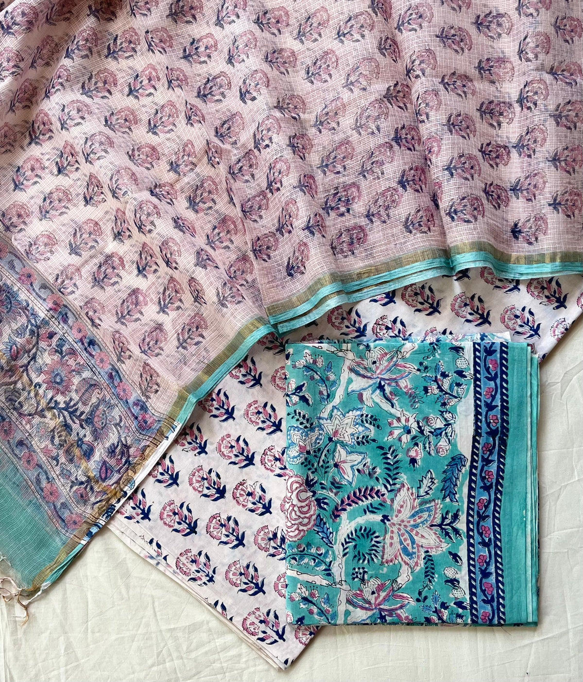 Pure Cotton Hand Block Printed Suit Set With Kota Doria Dupatta