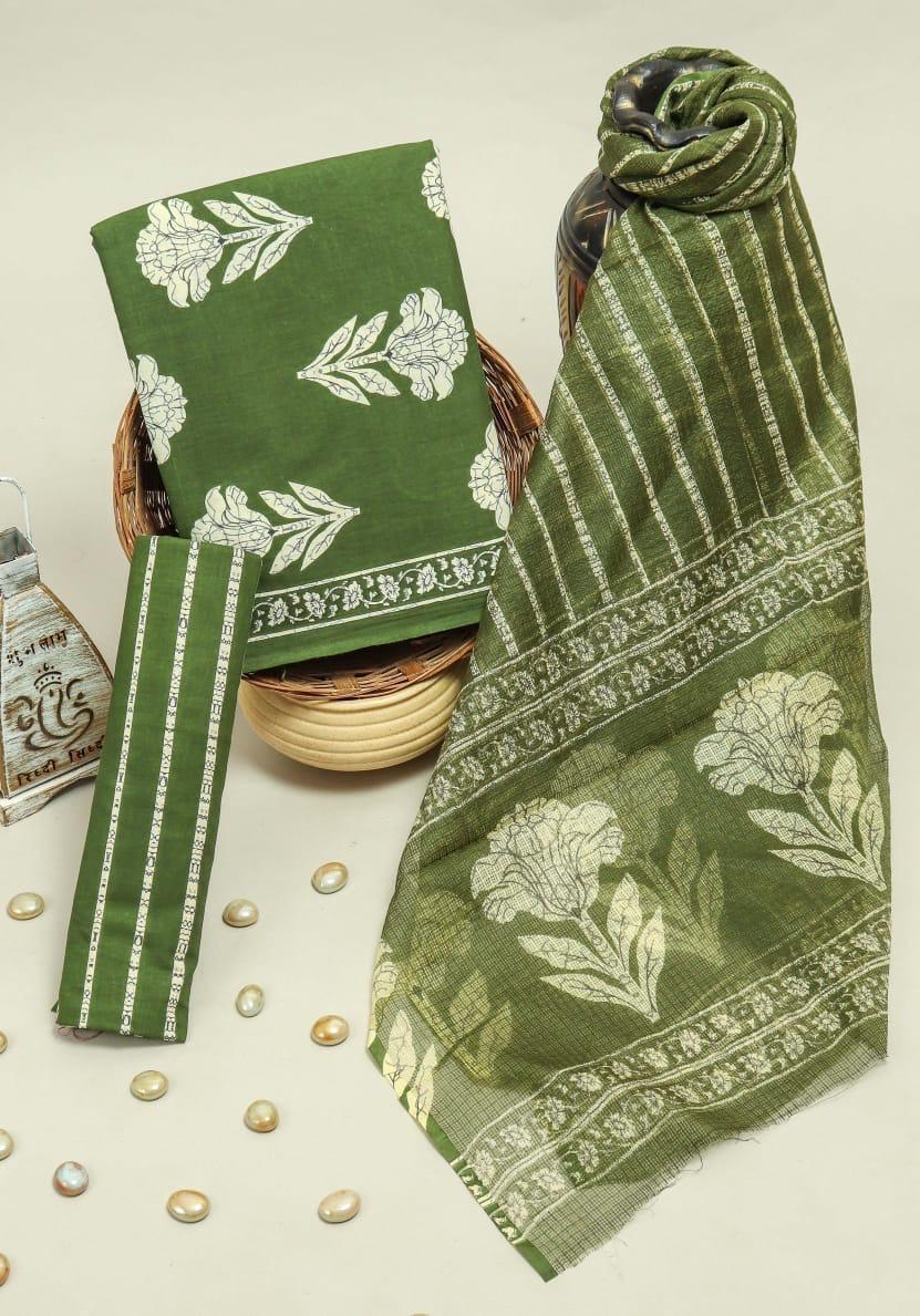 Pure Cotton Hand Block Printed Suit Set With Kota Doria Dupatta