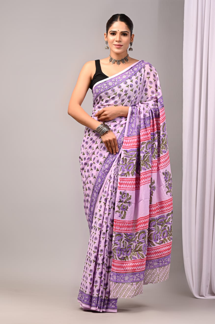 Pure Soft Cotton Handblock Printed Saree With Blouse