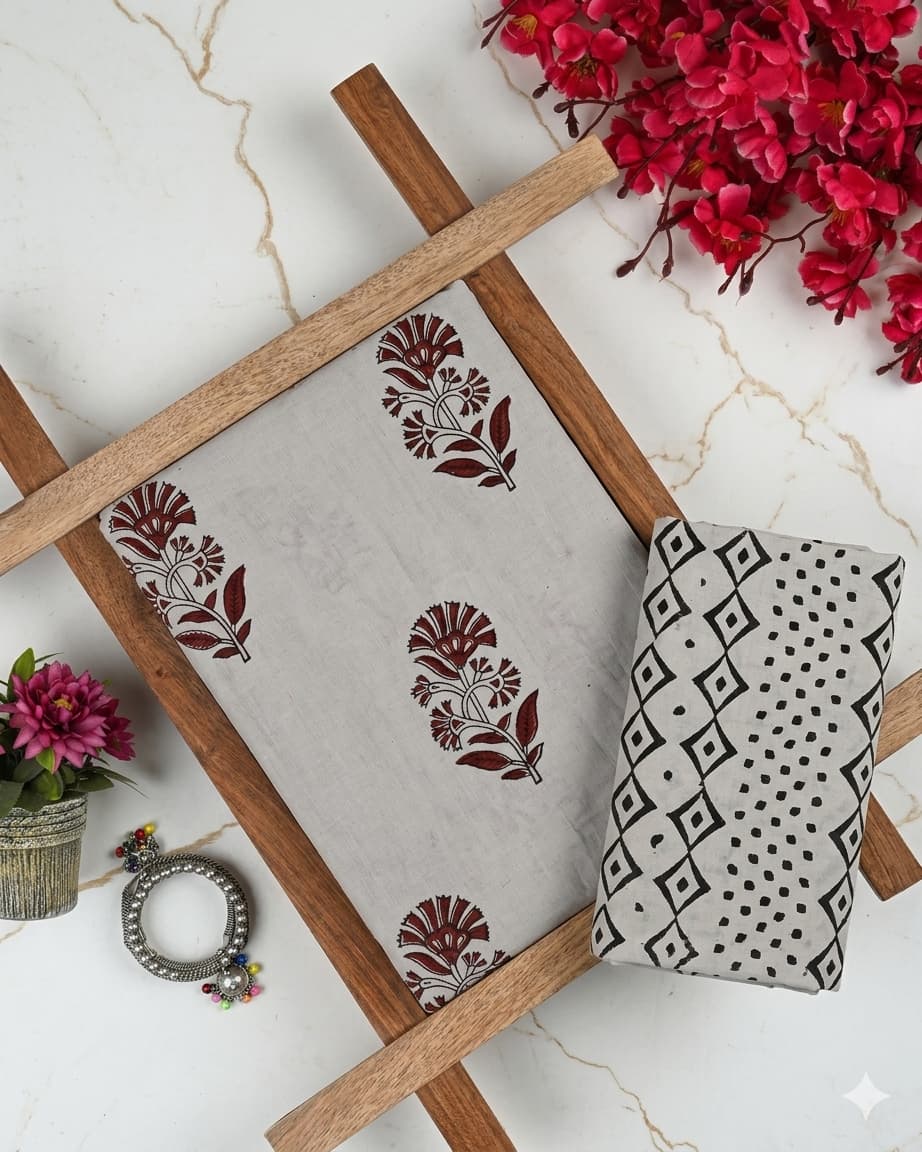 Pure Soft Cotton Handblock Printed 2PC Top-Bottom Suit Set (2.50 Meter Each)