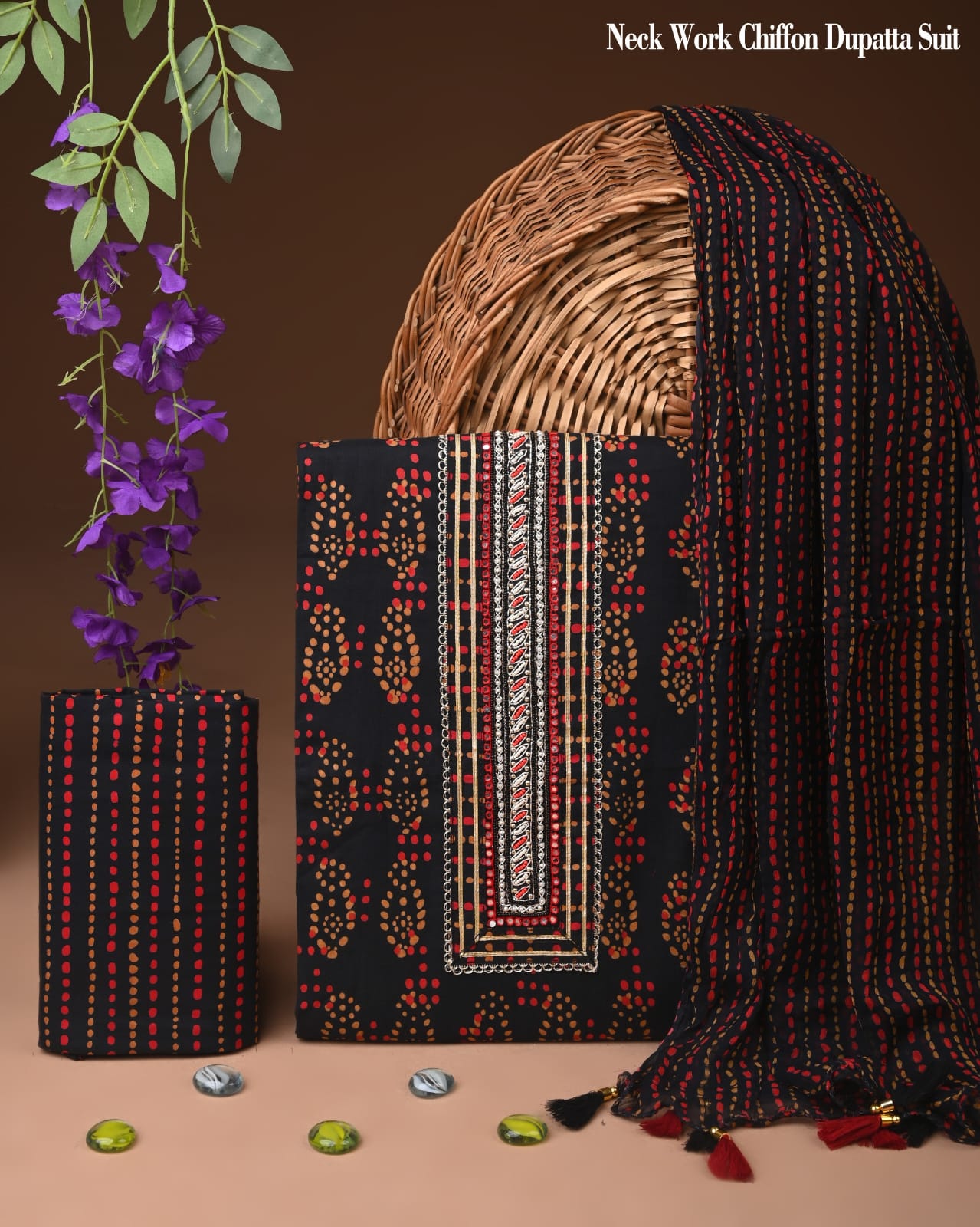 Premium Gota Patti Work Cotton Suit Set With Chiffon Dupatta