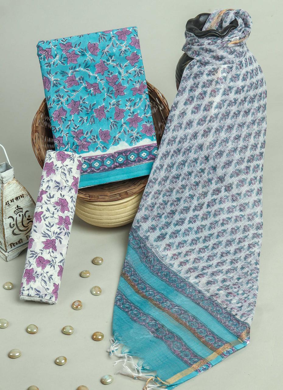 Pure Cotton Hand Block Printed Suit Set With Kota Doria Dupatta