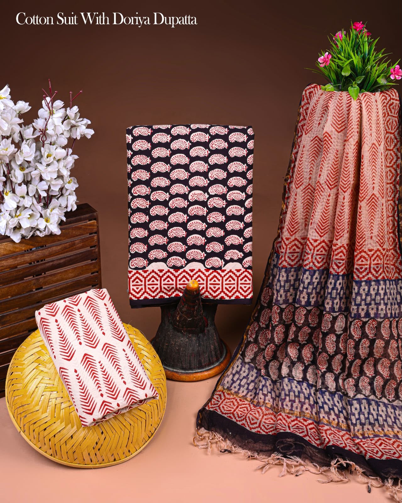Pure Cotton Hand Block Printed Suit Set With Kota Doria Dupatta
