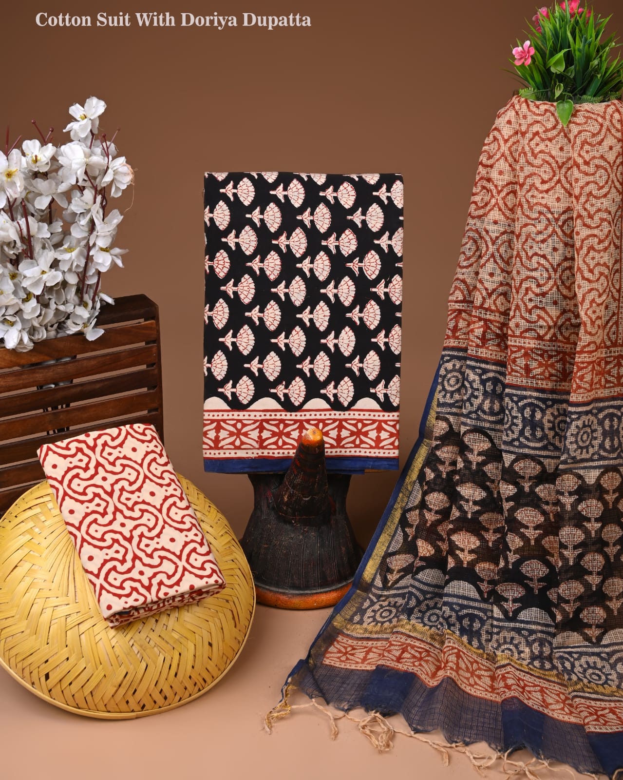 Pure Cotton Hand Block Printed Suit Set With Kota Doria Dupatta
