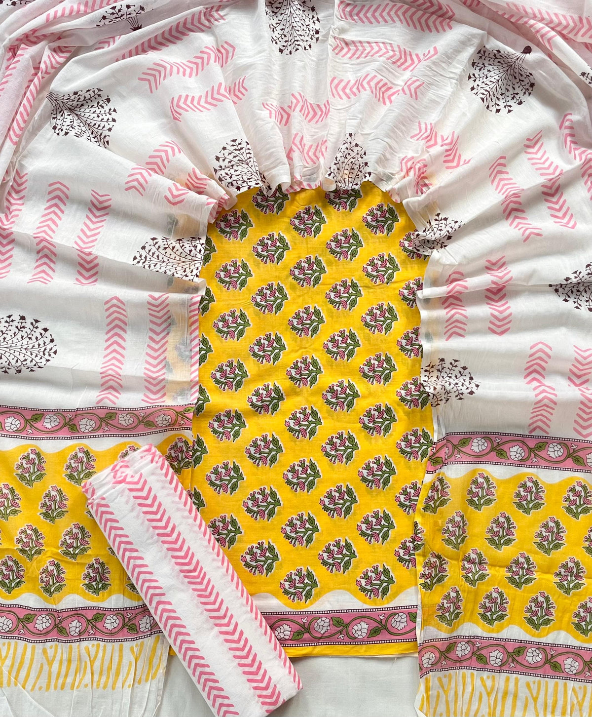 Pure Soft Cotton Hand Block Printed Suit Set With Cotton Dupatta