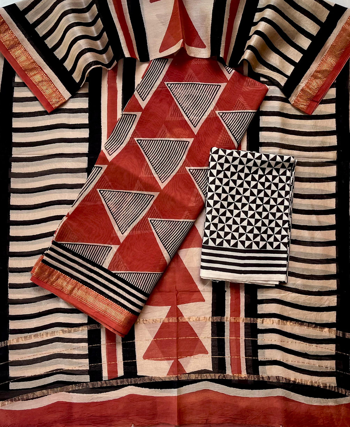 Premium Designer Handblock Printed Maheshwari Silk Suit Set