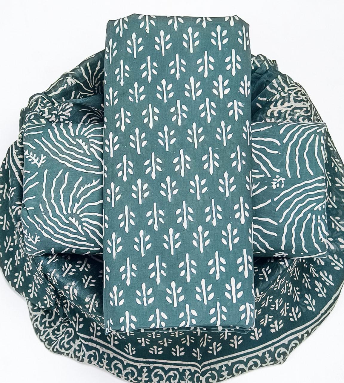 Pure Cotton Hand Block Printed Suit Set With Chiffon Dupatta