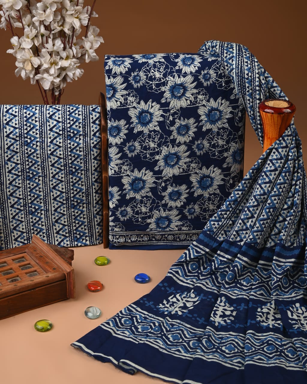 Designer Hand Block Printed Cotton Suit Set With Cotton Dupatta