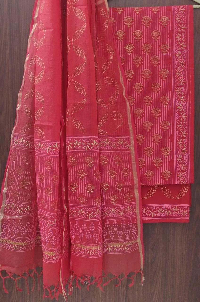 Pure Cotton Hand Block Printed Suit Set With Kota Doria Dupatta