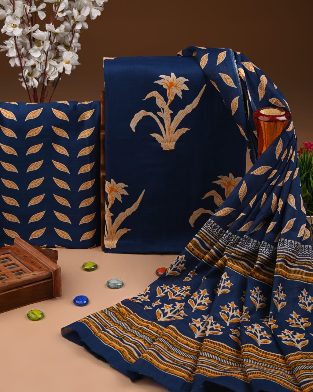 Designer Hand Block Printed Cotton Suit Set With Cotton Dupatta