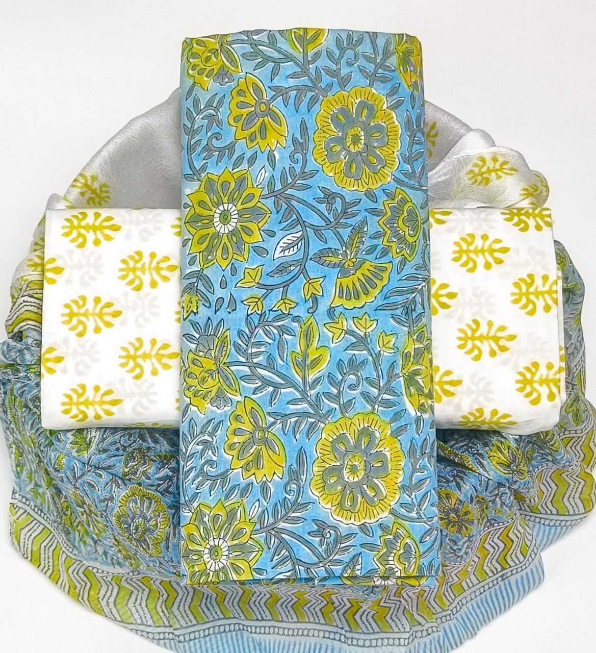 Pure Cotton Hand Block Printed Suit Set With Chiffon Dupatta