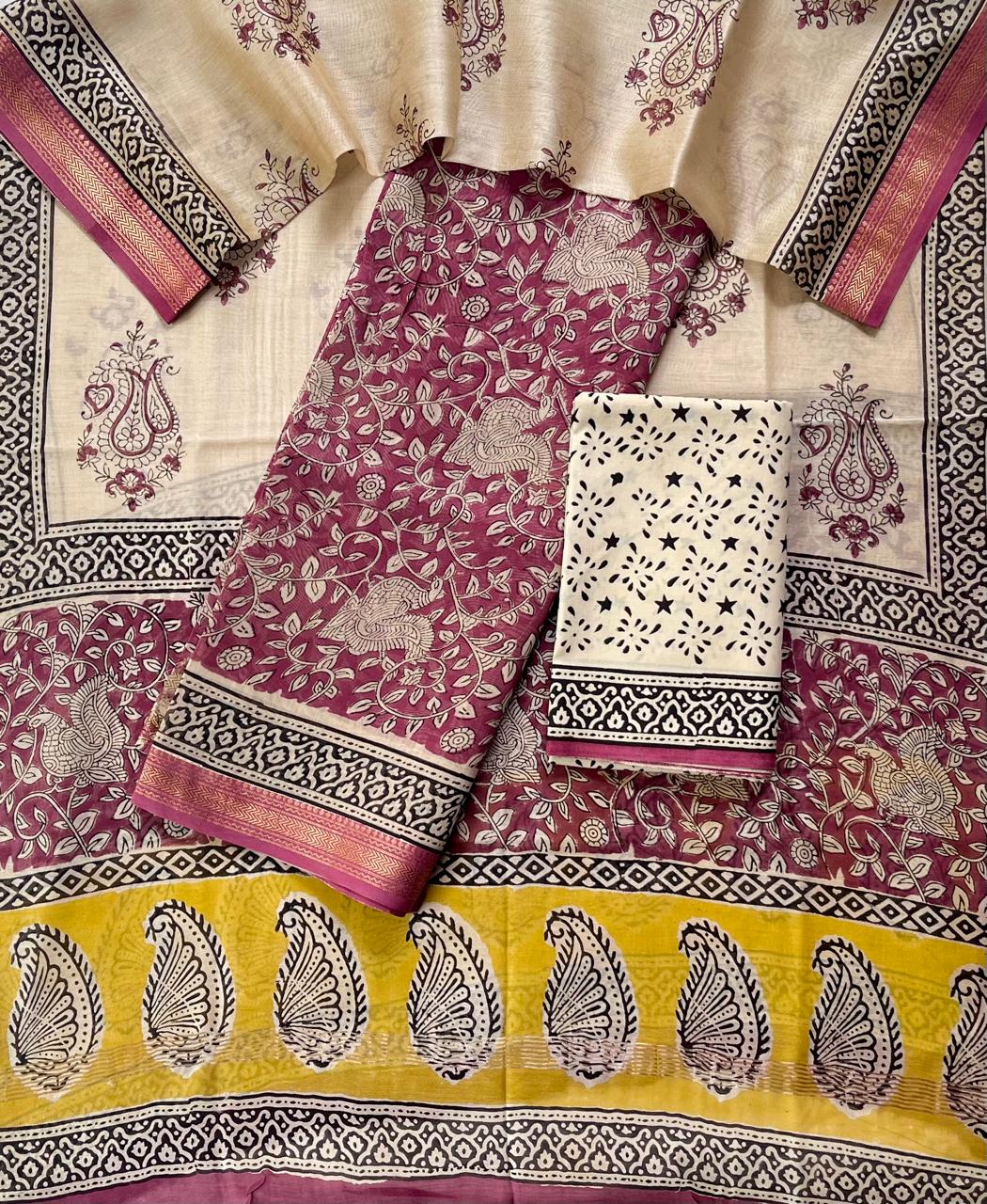 Premium Designer Handblock Printed Maheshwari Silk Suit Set