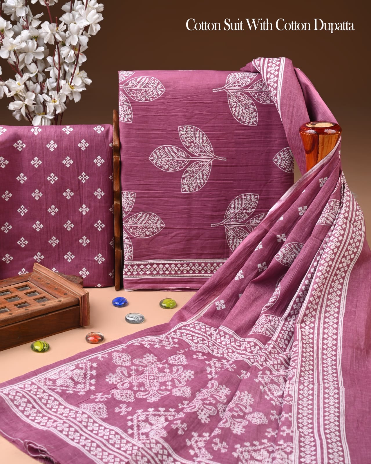 Designer Hand Block Printed Cotton Suit Set With Cotton Dupatta