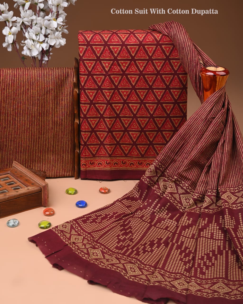 Designer Hand Block Printed Cotton Suit Set With Cotton Dupatta
