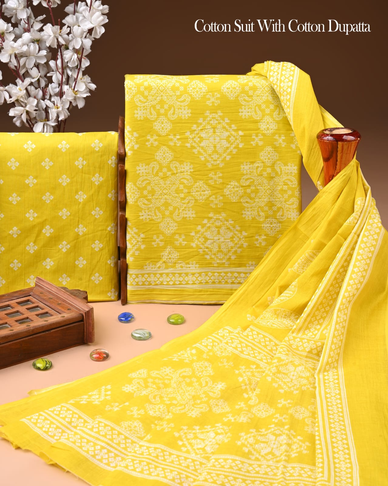 Designer Hand Block Printed Cotton Suit Set With Cotton Dupatta