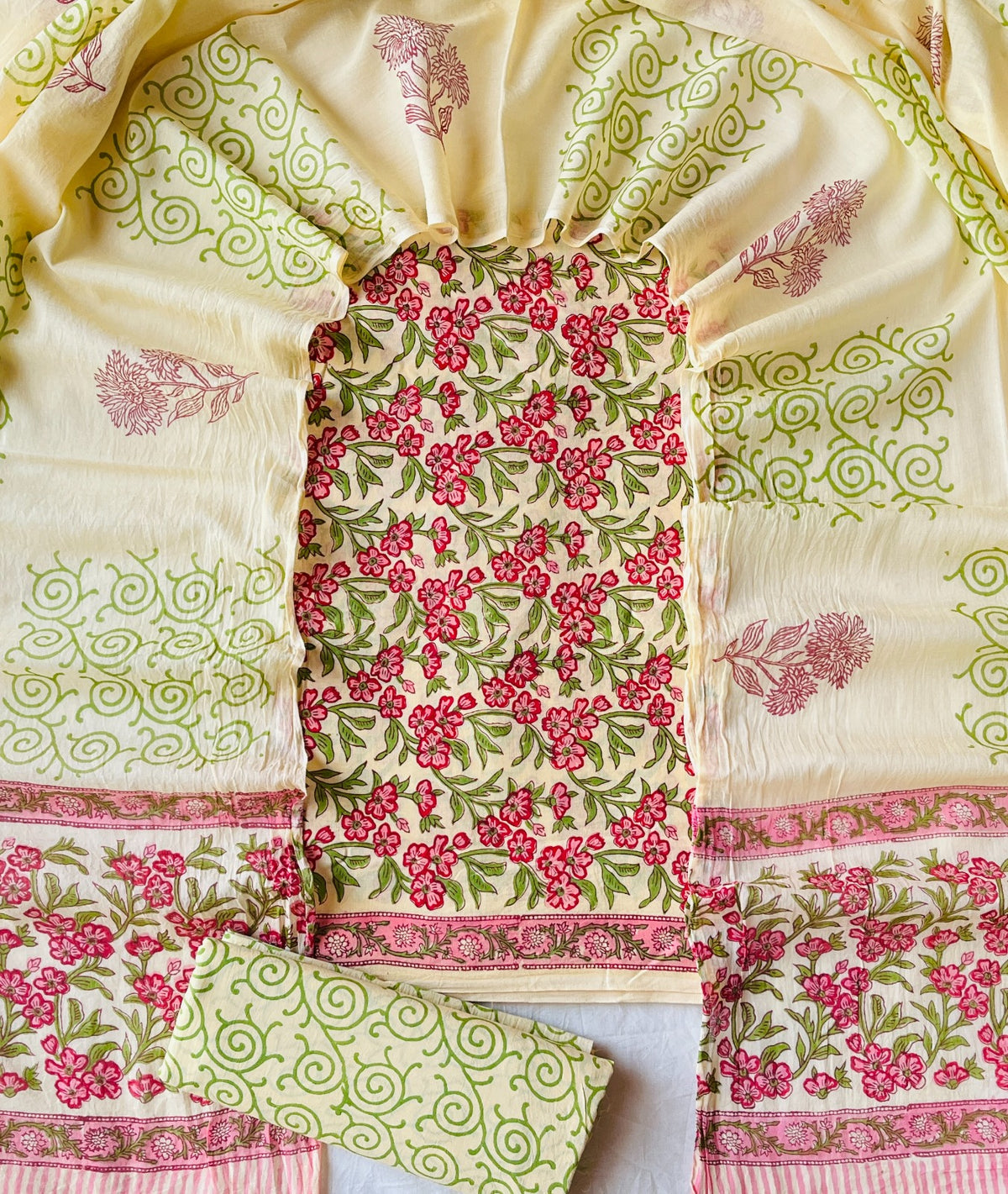 Pure Soft Cotton Hand Block Printed Suit Set With Cotton Dupatta