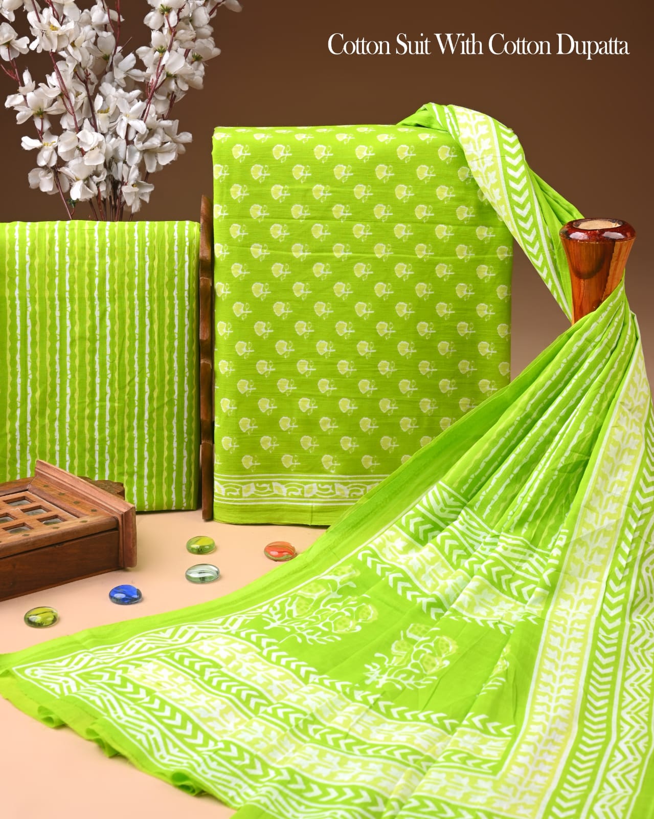 Pure Soft Cotton Hand Block Printed Suit Set With Cotton Dupatta