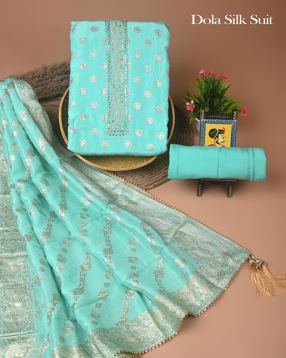 Premium Heavy Neck Work Dola Silk Suit Set