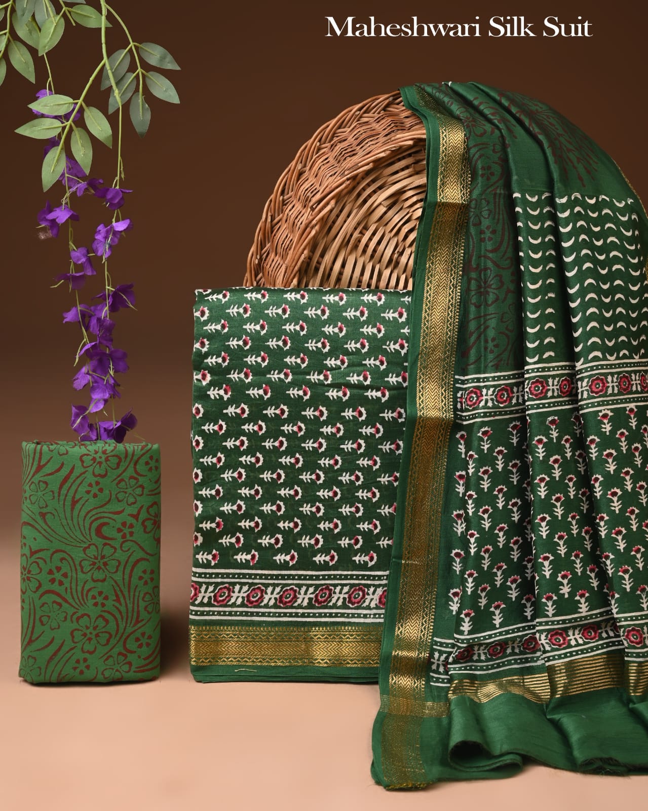 Premium Designer Handblock Printed Maheshwari Silk Suit Set