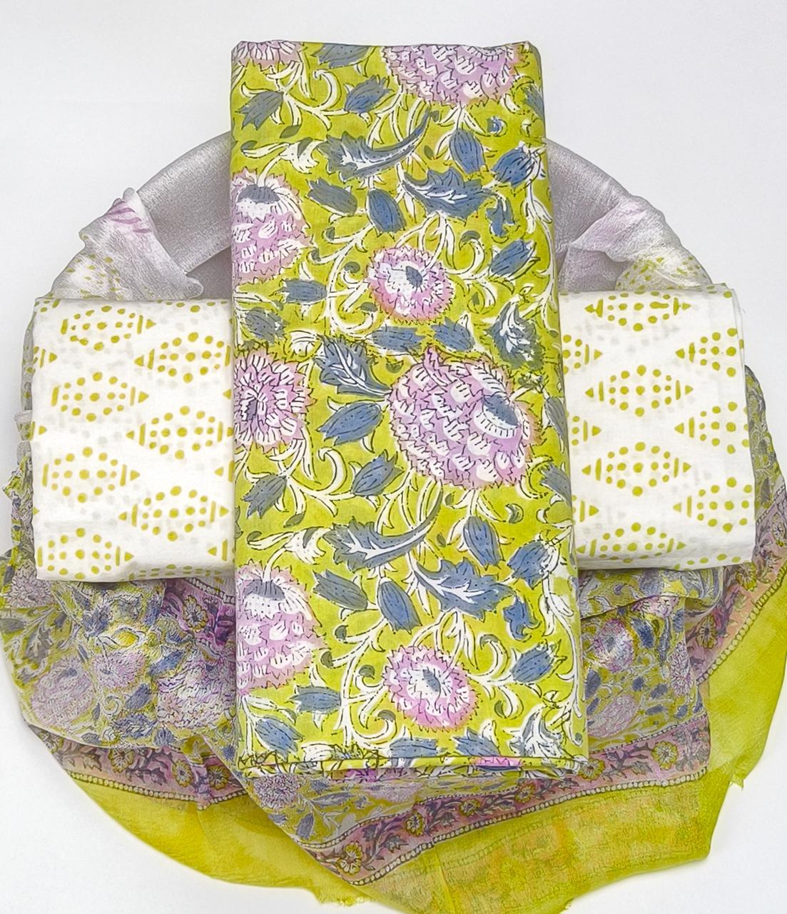 Pure Cotton Hand Block Printed Suit Set With Chiffon Dupatta