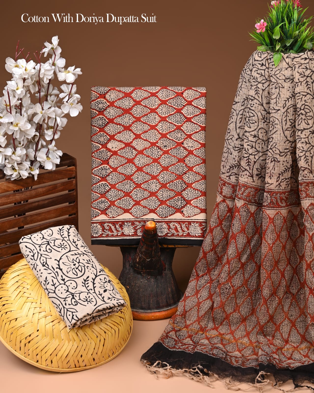 Pure Cotton Hand Block Printed Suit Set With Kota Doria Dupatta
