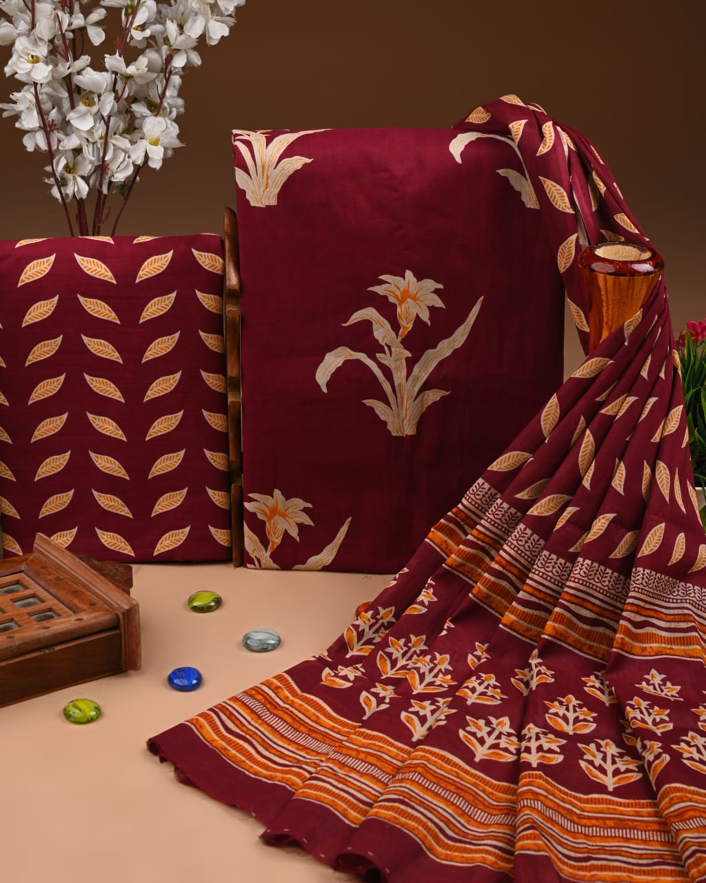 Designer Hand Block Printed Cotton Suit Set With Cotton Dupatta