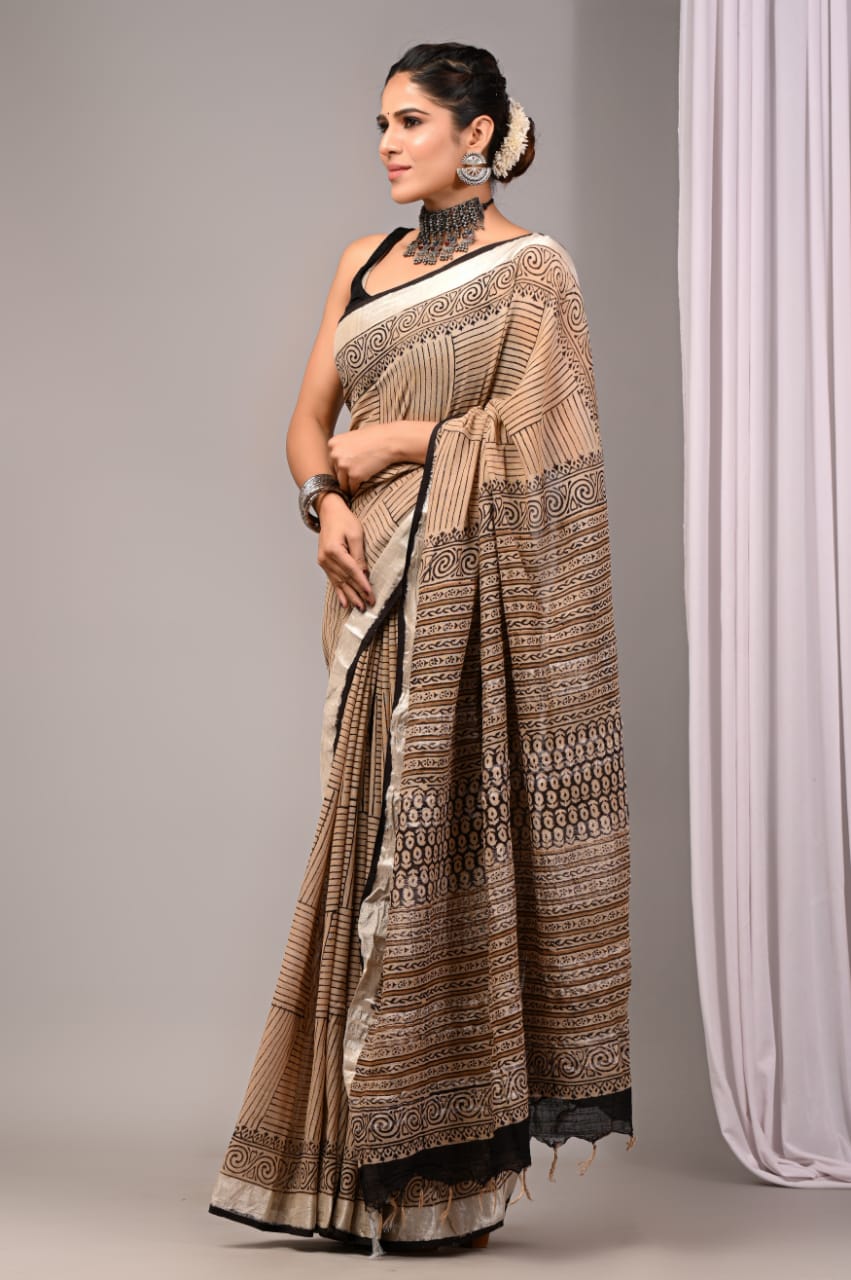Pure Cotton Linen Handblock Printed Saree With Blouse