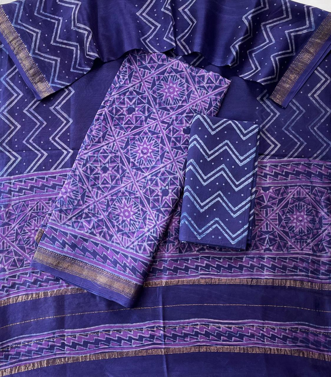 Premium Designer Handblock Printed Maheshwari Silk Suit Set
