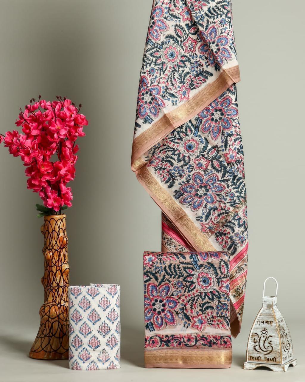 Premium Designer Handblock Printed Maheshwari Silk Suit Set