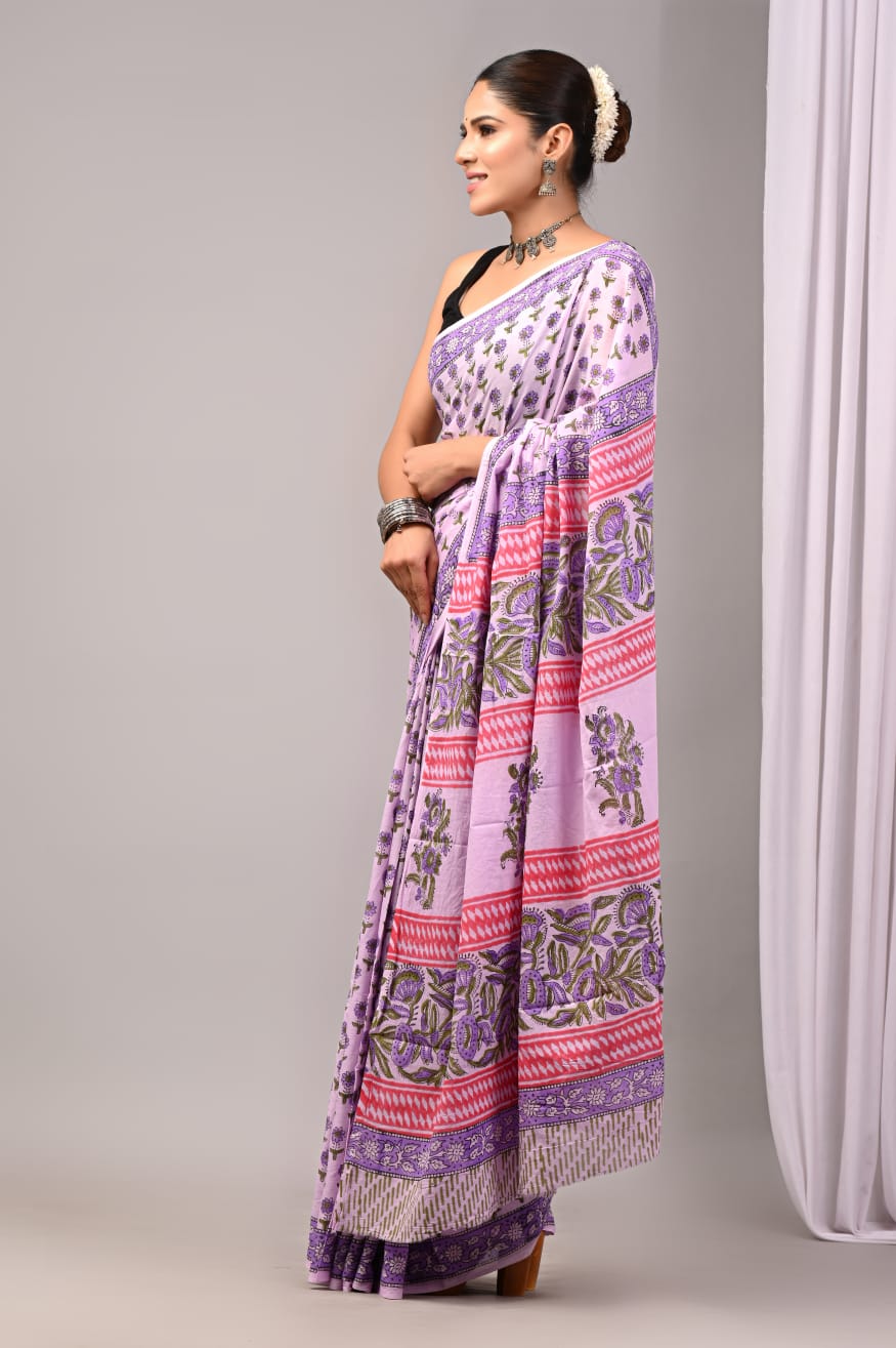 Pure Soft Cotton Handblock Printed Saree With Blouse